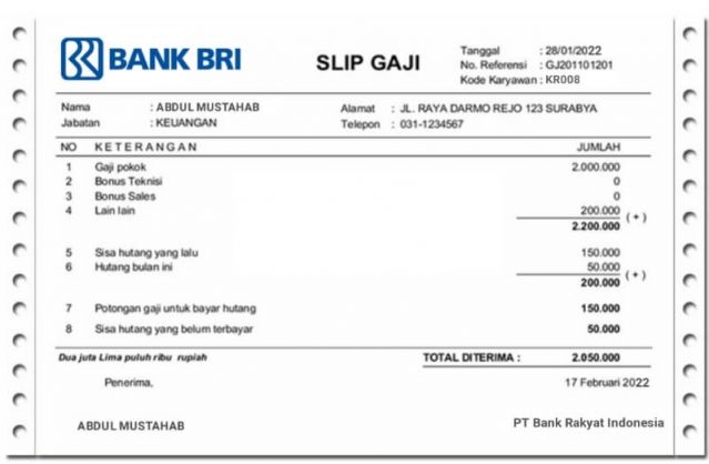 Contoh SLip Gaji Bank Rakyat Indonesia (BRI)