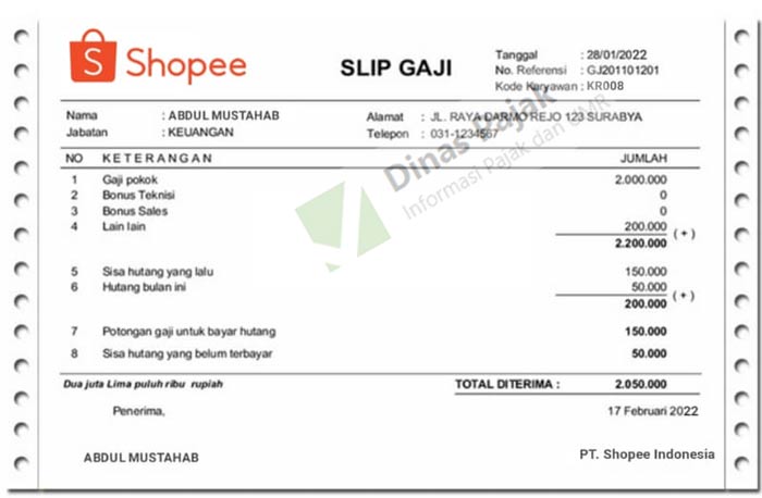 Contoh Slip gaji Bukti Pembayaran Gaji Shopee