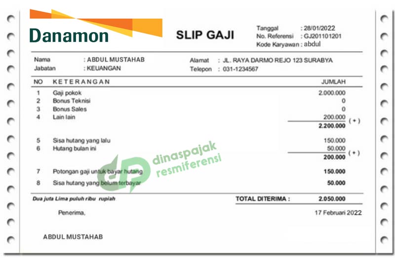 Contoh Slip Gaji Bank Danamon Terbaru