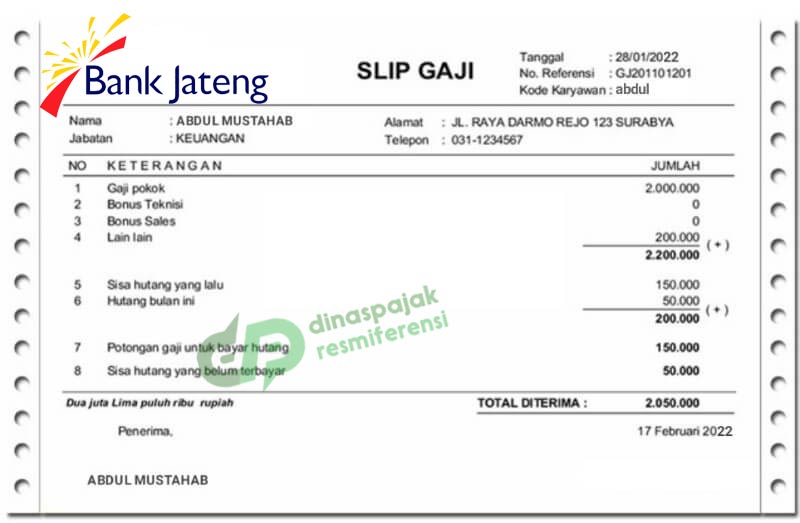Contoh Slip Gaji Bank Jateng