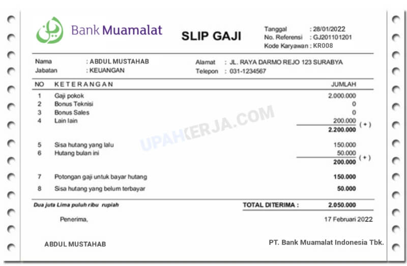 Contoh Slip Gaji Penerimaan Gaji di Bank Muamalat