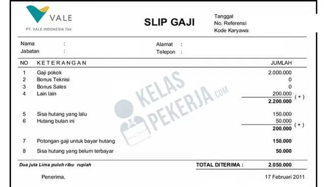 Contoh Slip Gaji Karyawan PT Vale Indonesia Termasuk Format 