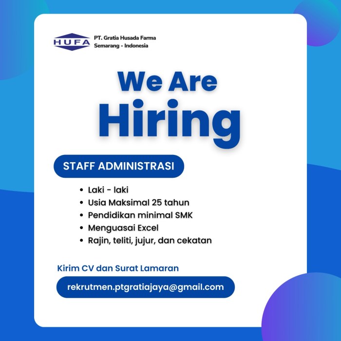 Staff Administrasi @PT. GRATIA HUSADA FARMA – SCU Gaji PT Gratia Husada Farma